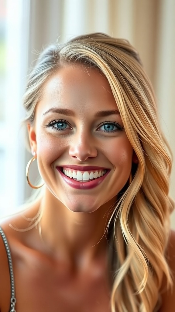 Kaley Cuoco smiling warmly, radiating joy and positivity.